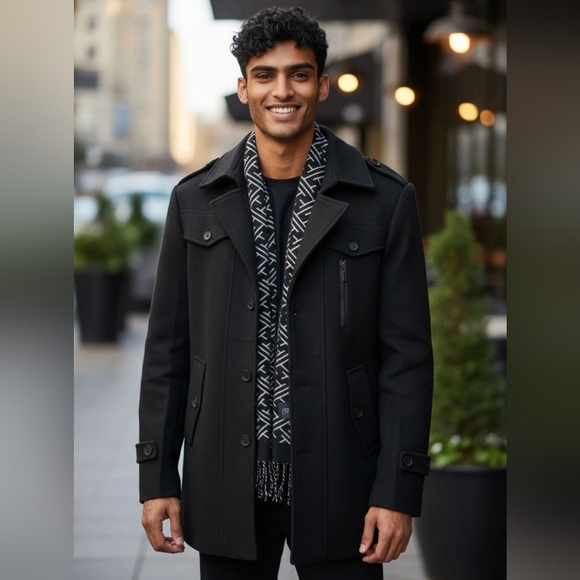 Mens Collection Navy 3/4 Lined Winter Pea Coat Detachable Scarf US med - Picture 1 of 9